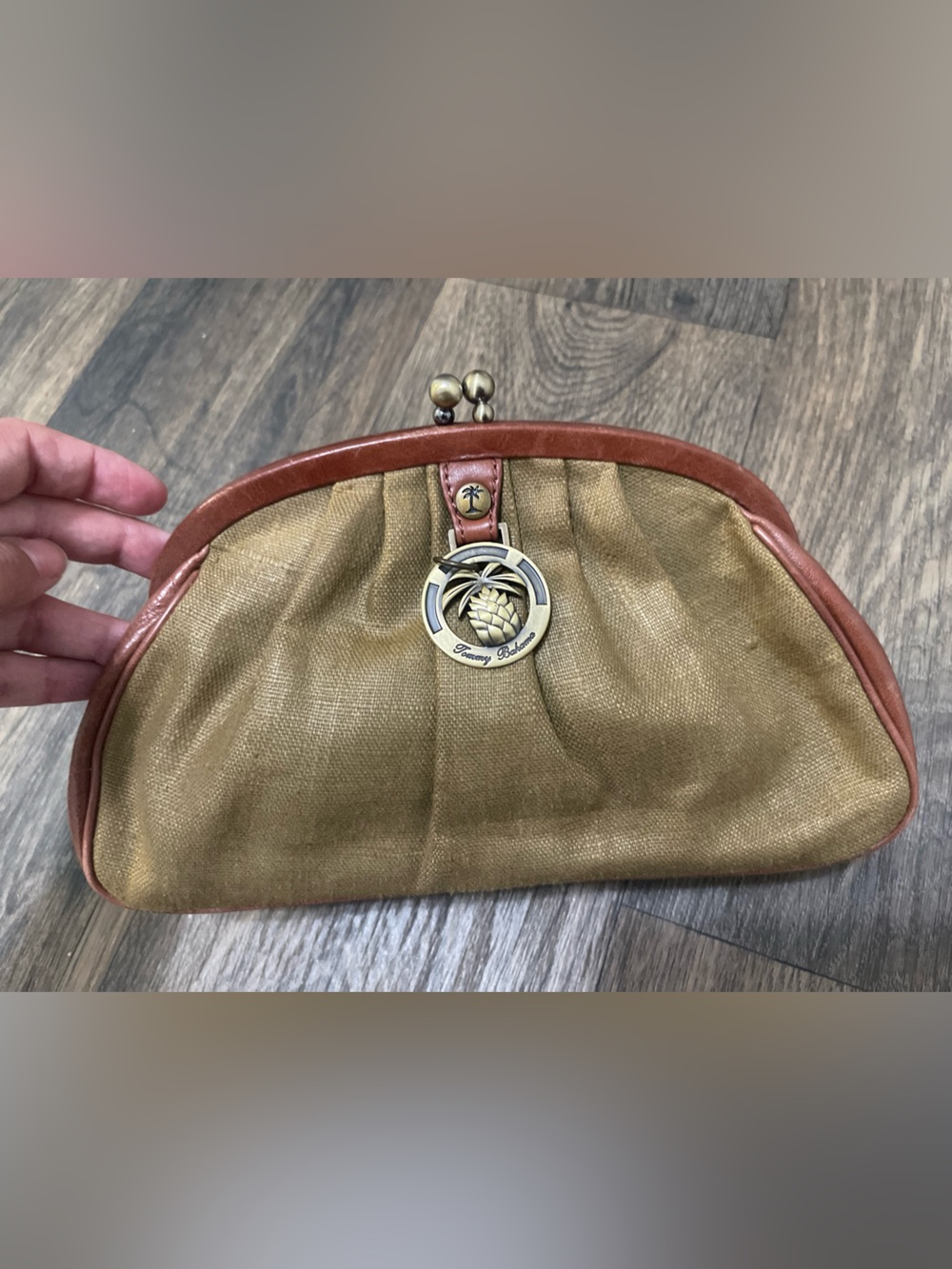 Vintage Tommy Bahama Linen And Leather Frame Clutch